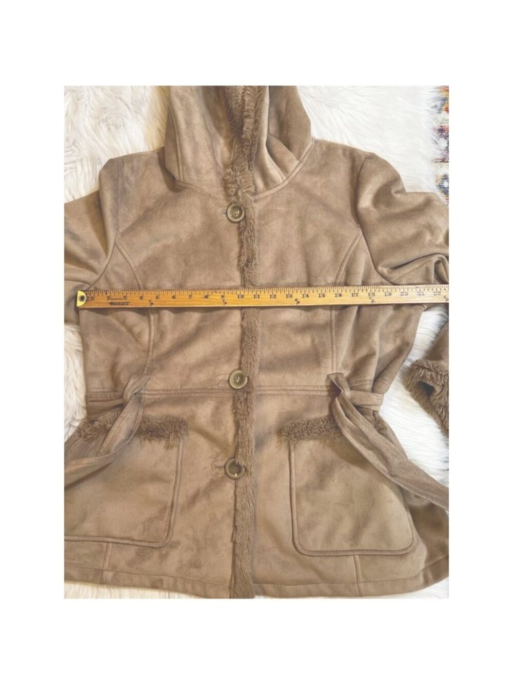 Jones New York Womens Jacket Coat XL Brown Buttons Hooded Faux Fur Trim V Neck - Picture 4 of 8